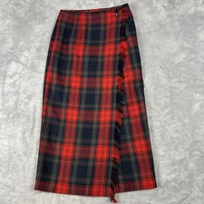 Vintage 90s Y2K Red Plaid Tartan Maxi Wrap Skirt Sz S Tag 6 Slit Preppy Fringe