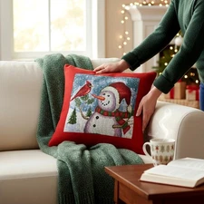 Christmas Throw Pillow Tapestry Snowman Cardinal Red Gingham Holiday Decor 15"