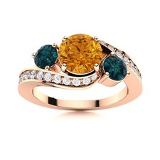 Round Citrine  London Blue Topaz 925 Silver Rose Plated Three Stone Women Ring