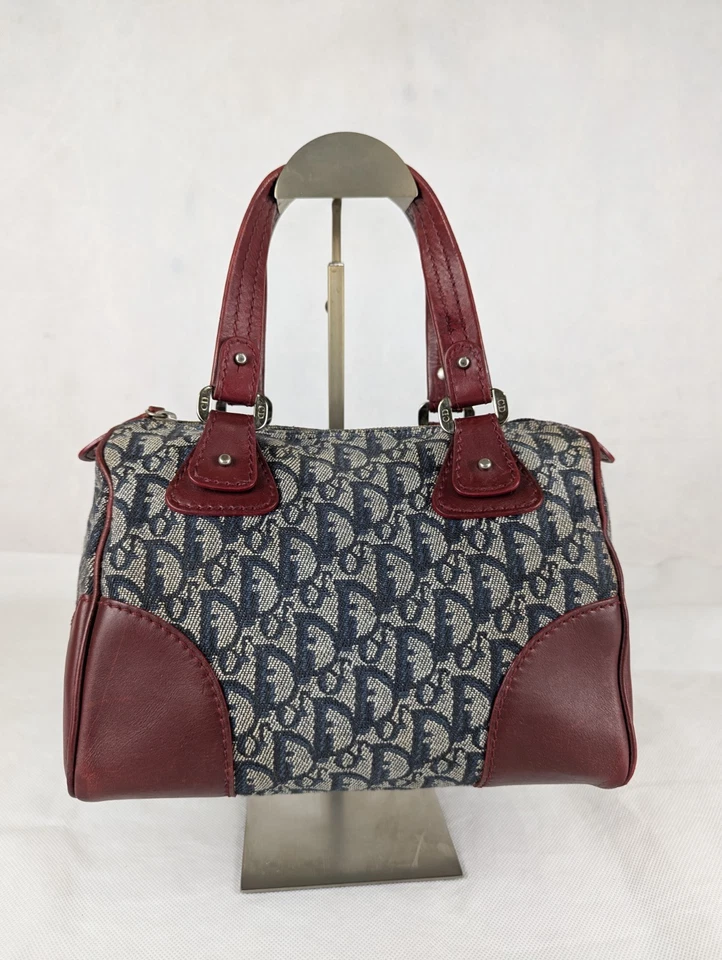 Auténtico Bolso Boston Vintage Christian Dior Azul Burdeos Lona Hecho en Italia Foto 3 de 4
