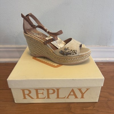 Replay Women's Espadrille Wedge Sandals   Beige Canvas & Brown Leather Straps 