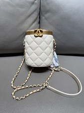 Chanel Quilted Lambskin Kiss‑Lock Mini Vanity Crossbody Bag White Authentic
