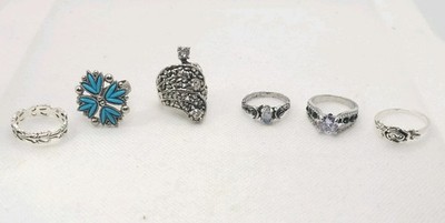 Vintage Set Of 6 Silver Tone Ring Turquoise Crystal. 