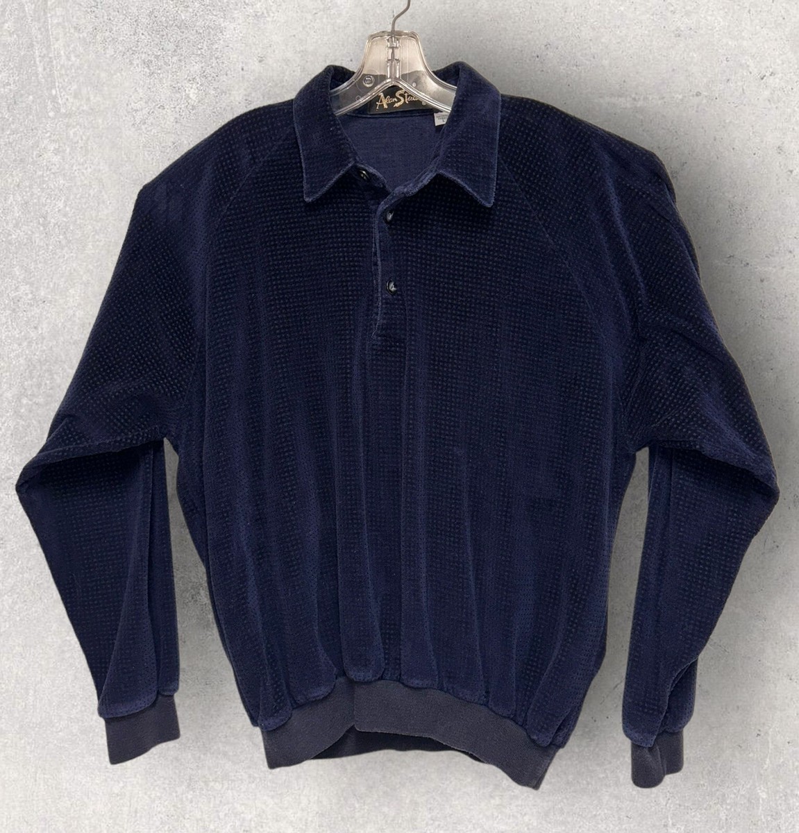 Vtg Alan Stuart Long Sleeve Velour Shirt Blue Block Design Large