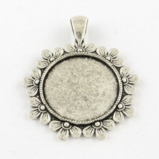 1000 g Antique Silver Tibetan Flower Alloy Pendant Cabochon Settings Tray 25mm