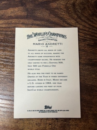 2007 TOPPS ALLEN & GINTER MARIO ANDRETTI #19 FORMULA 1 RACING GOAT & CHAMPION NM - Picture 2 of 2
