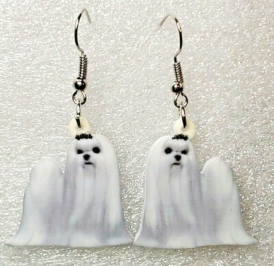 Maltese White Dog Flat Acrylic Double-Sided Silver Hook Earrings