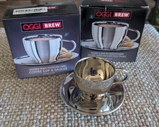 Oggi Brew PAIR OF TWO Coffee Cup And Saucer Double Wall Stainless Steel 6oz NIB!