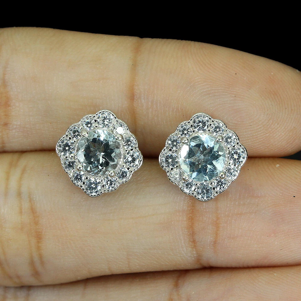 925 Pendientes de Plata de Ley Redondo Aguamarina 6mm Gema Natural Joyería - Imagen 2 de 4