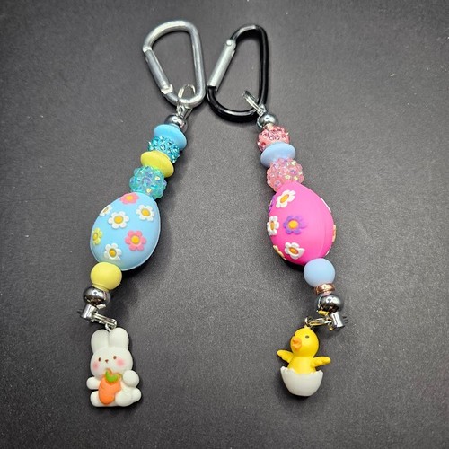 2 Key Ring Bag Charm Easter Egg Duck Bunny Beaded D Ring Handmade Gift Clip Gift - 第 1/5 張圖片