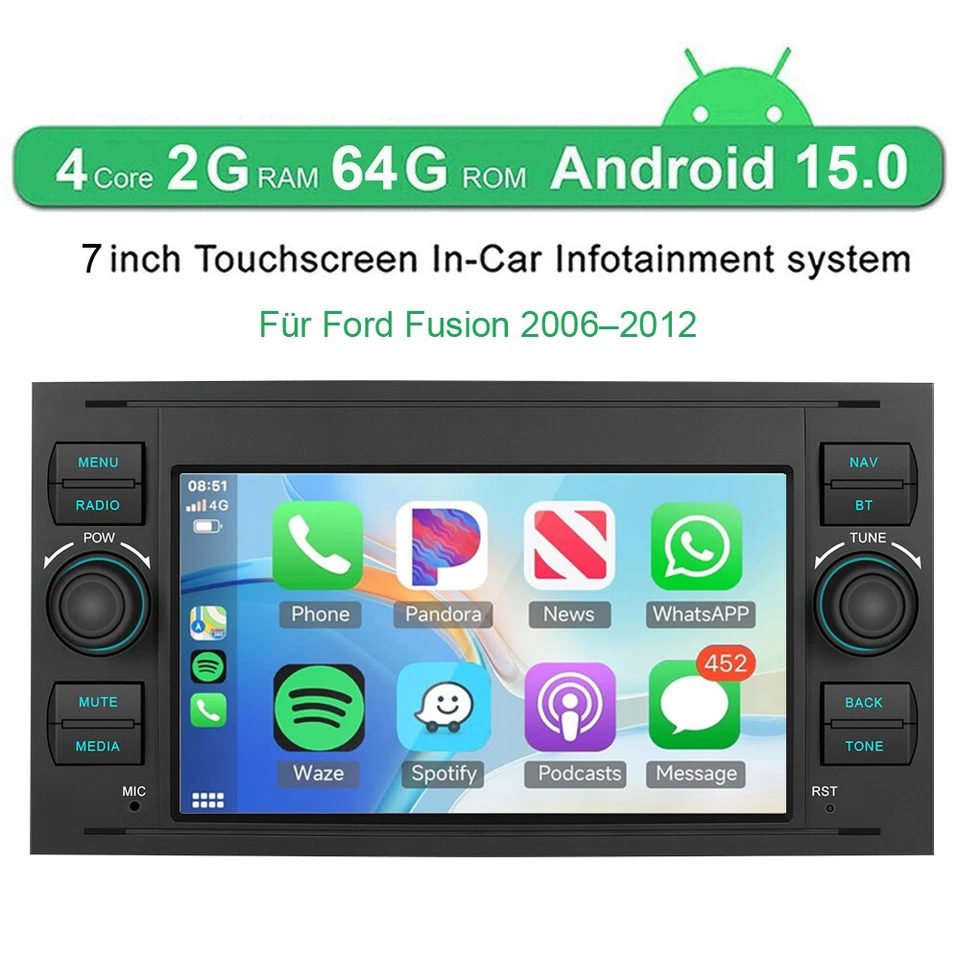 Apple Carplay Autoradio Für Ford Fusion 2006–2012 GPS Navi BT Android 15 2+64GB - Bild 2 von 4