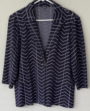 MISOOK Knit Blazer 3/4 Length Sleeve One Button Navy Chevron Striped Wms Sz XL