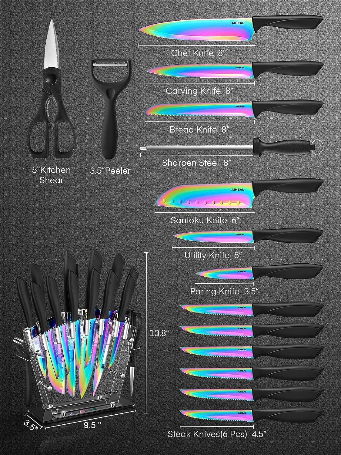 Premium Super Sharp Rainbow Knife Set - Titanium Coating - Kitchen Scissors