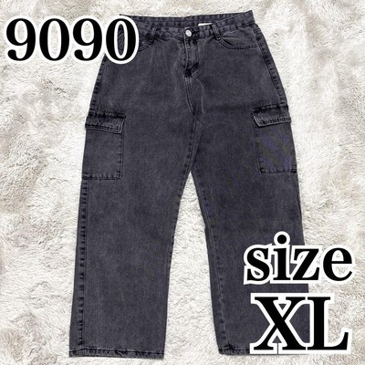 9090 Ninety Black Denim Cargo Pants Wide Leg Unisex Large Size 