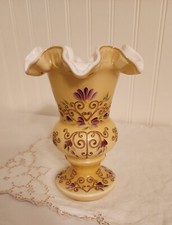 Fenton Gold Overlay Vase HP Purple Floral Scroll Design Ruffle Rim T. Mendenhall
