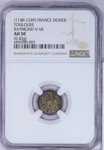 1148-1249 France Denier Toulouse Raymond V - VII NGC AU50 - Sweet original coin!