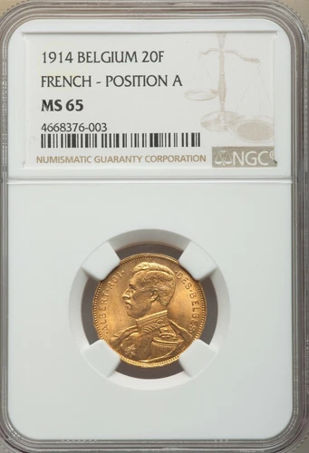 BELGIUM , GOLD 20 FRANCS 1914 POSITION A - FRENCH -  NGC MS 65 ,,, RARE2