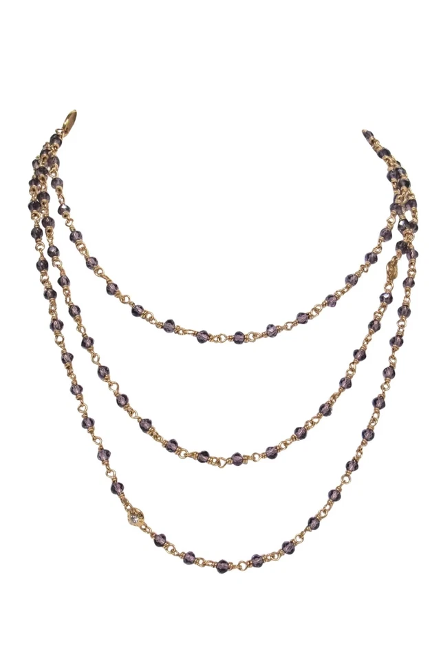 Henri Bendel Brown Amber Crystal beaded long gold chain necklace layering 47” - Image 2 of 4