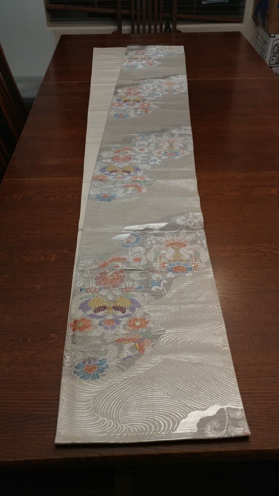 ORIENTAL LOVE BIRDS & FLOWERS LINEN embroidered tapestry Table Runner 166" x 12"