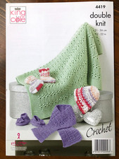 King Cole 4419 crochet pattern baby DK hat, scarf, shoes, socks & blanket