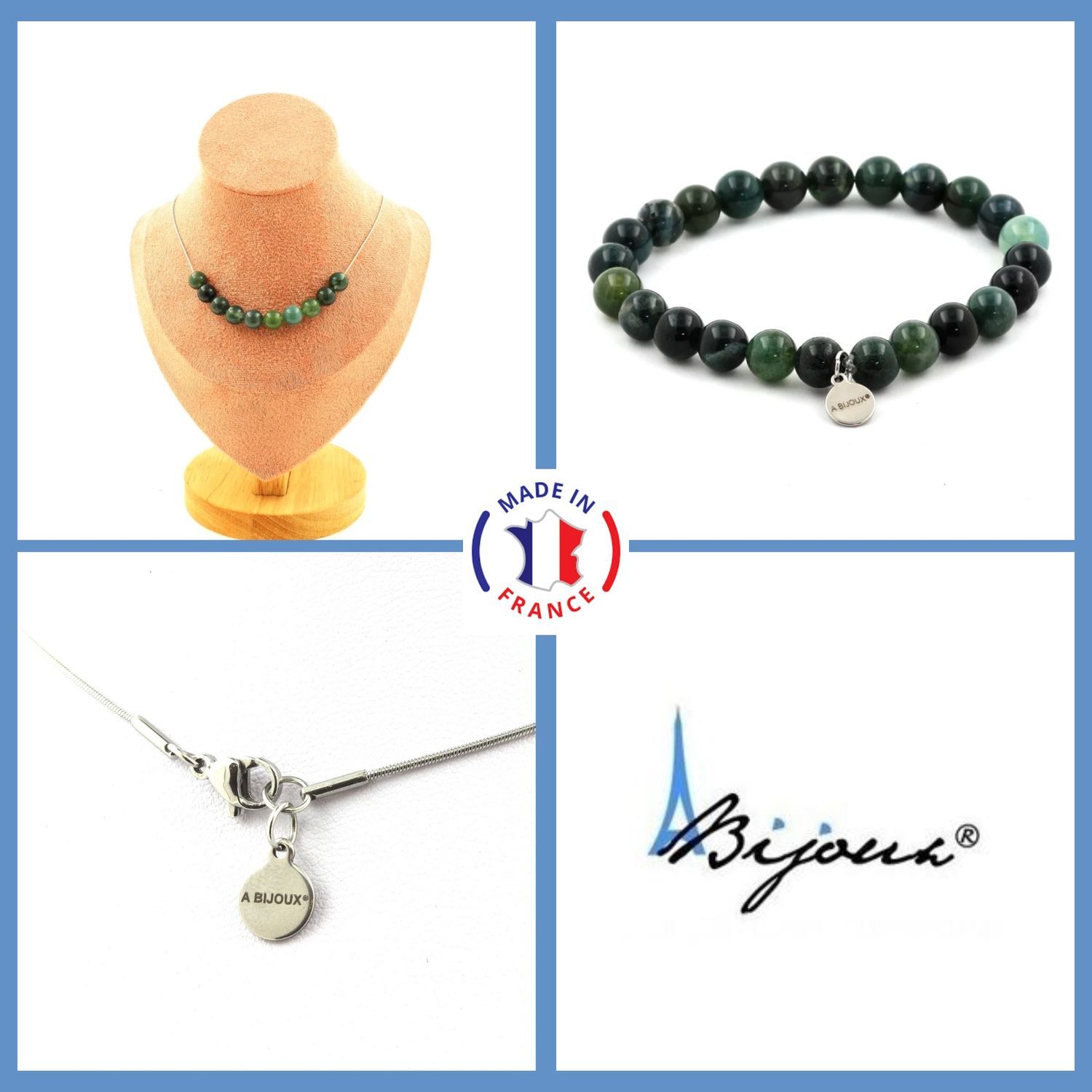 Agate mousse parure contre le stress : bracelet et collier en perles 8 mm