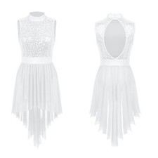 Costume danza lirica bianca.In stock.Paillettes da competizione.Moderno.Vestito body.UK