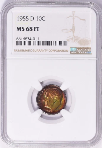 1955 D Roosevelt Dime NGC MS68FT Full Torch Radioactive Rainbow Neon Toned Coin
