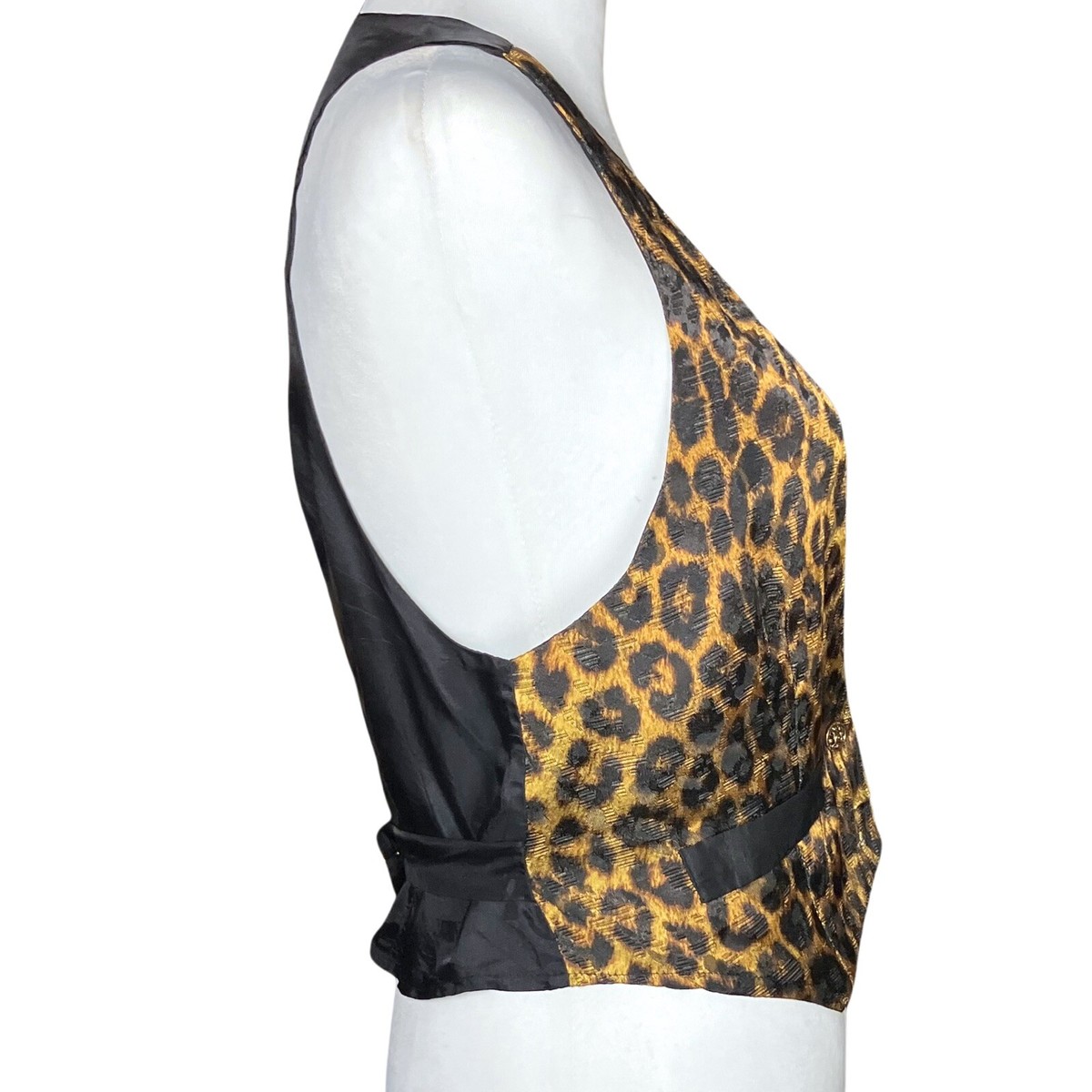 Vintage 80s Leopard Cheetah Cropped Satin Vest Brass Buttons