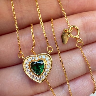 925 Sterling Silber Halskette 5 mm Herz Smaragd Edelstein Zirkon grün Kette