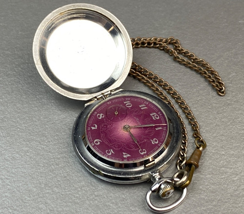 βVintage Soviet Molnija MVD KGB Pocket Watch Purple Dial USSR RUNNING
