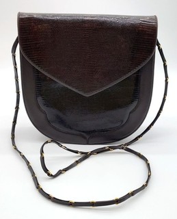 Auth Yves Saint Laurent Lizard Embossed Leather Brown Shoulder Bag NS080551