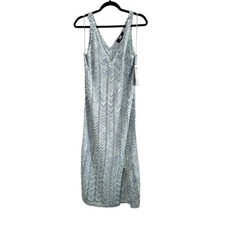 Knit Bodycon Midi Dress V-Neck V-Back Shimmering Blue Metallic Crochet Sz L NWT