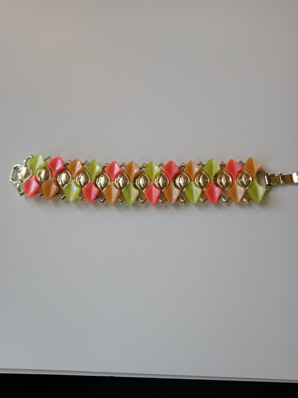 Gold Tone Multicolor Metal Link Bracelet - Orange Green Pink