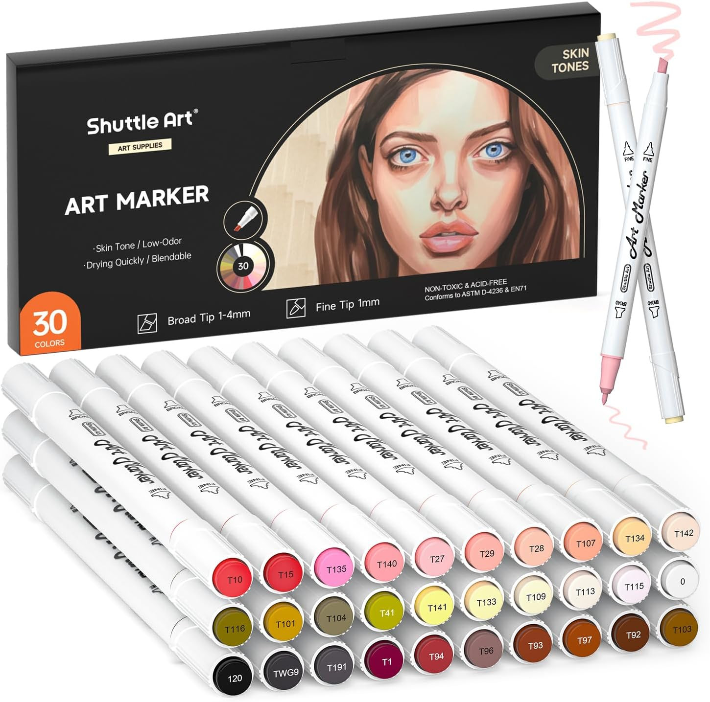 30 Colors Skin Tone&Hair Art Markers, Dual Tip Alcohol Based