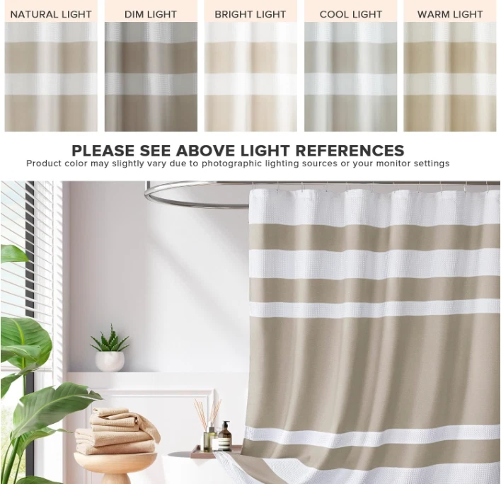 Cortina de Ducha Tela Waffle a Rayas 72x72, Diseño Moderno y Secado Rápido Taupe Foto 4 de 4