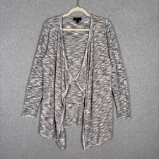 AB Studio Cardigan Sweater Large Blue Tan Wrap Drape Waffle Lounge Comfy Cozy