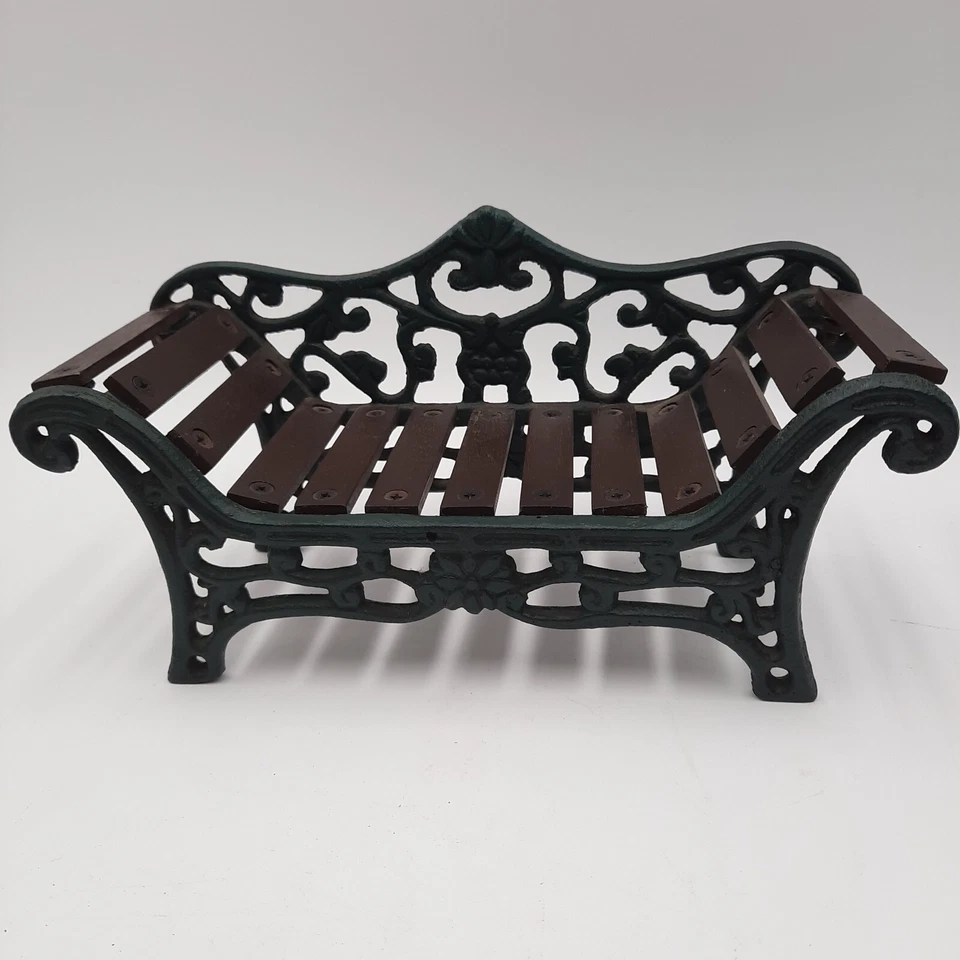 Antiguo banco de hierro fundido y madera verde de 9 1/2" de largo - Love Seat - Trabajo de hierro de lujo Foto 2 de 4