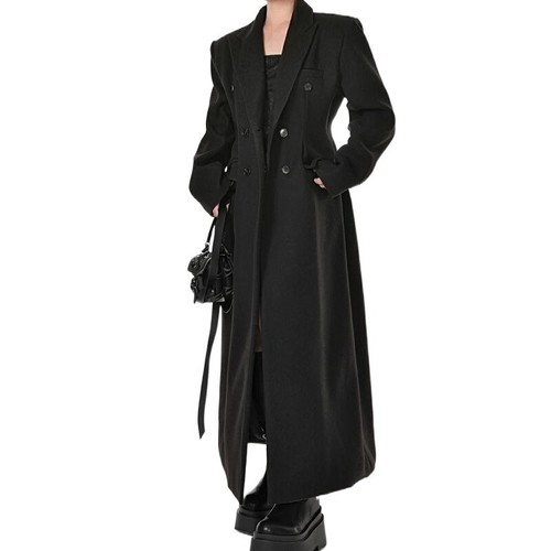 Black Woolen Blend Coat Women Retro Belted Long Suit Loose Jacket Trench Outwear - 第 5/12 張圖片