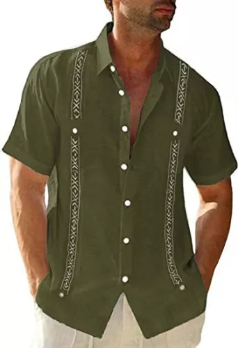 Men's Guayabera Cuban Beach Wedding Short Sleeve Button Up Casual Dress Shirt - Picture 13 of 30