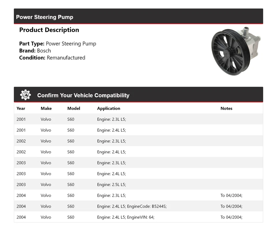Bomba de dirección asistida Bosch para Volvo S60 2001-2004 2002 2003 Foto 2 de 4