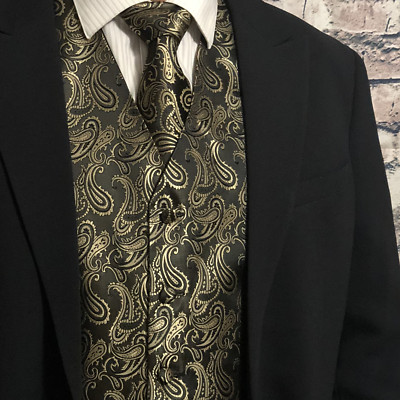 BLACK GOLD XS to 6XL Paisley Tuxedo Suit Dress Vest Waistcoat Neck tie  wedding