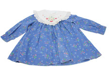 Vintage Toddler Size 4 Girls Blue Floral Lace Prairie Dress Long Sleeve Party