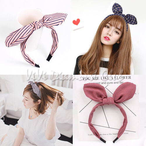 Fashion Korean Style Rabbit Bunny Ears Ribbon Scarf Hair Tie Wrap Bow Headband S - Picture 1 of 32