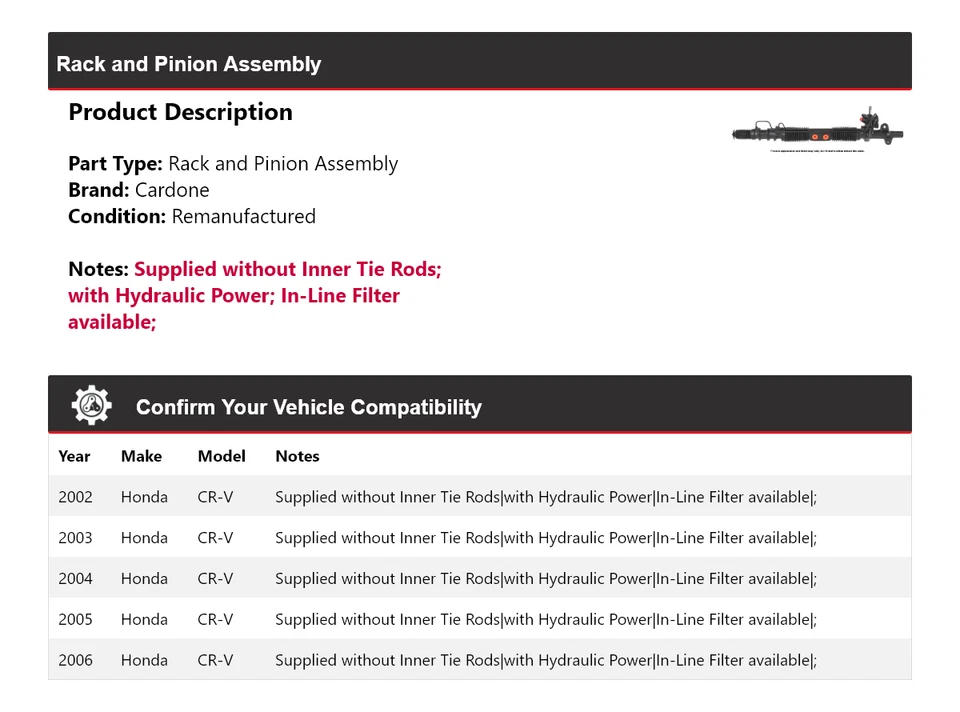 For 2002-2006 Honda CR-V Rack and Pinion Assembly Cardone 2003 2004 2005 - Image 2 of 4