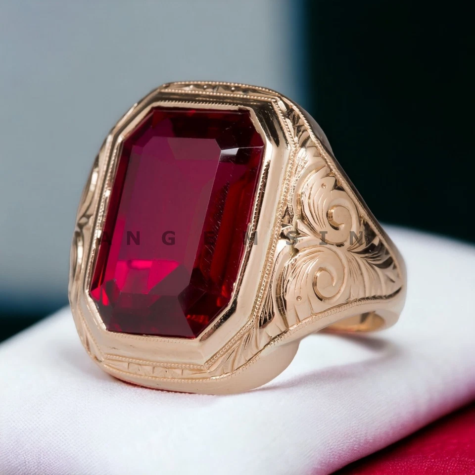 Piedras preciosas de rubí con anillo enchapado en oro de plata de ley 925 para hombre #BL46 Foto 4 de 4