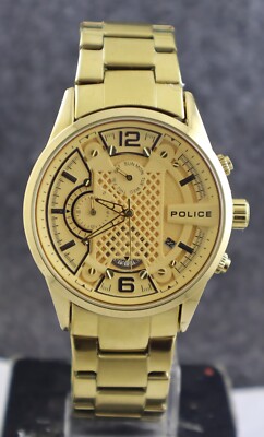 Luxury Police Quartz Men Chronograph Yellow Dial Wristwatch 