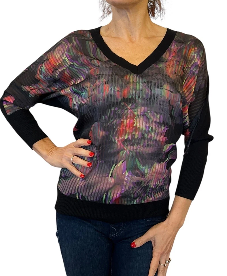 Ted Baker  0 XS Tamela Floral Panel Dolman  Sleeve Sweater Wool Cashmere V Neck - Image 4 of 4