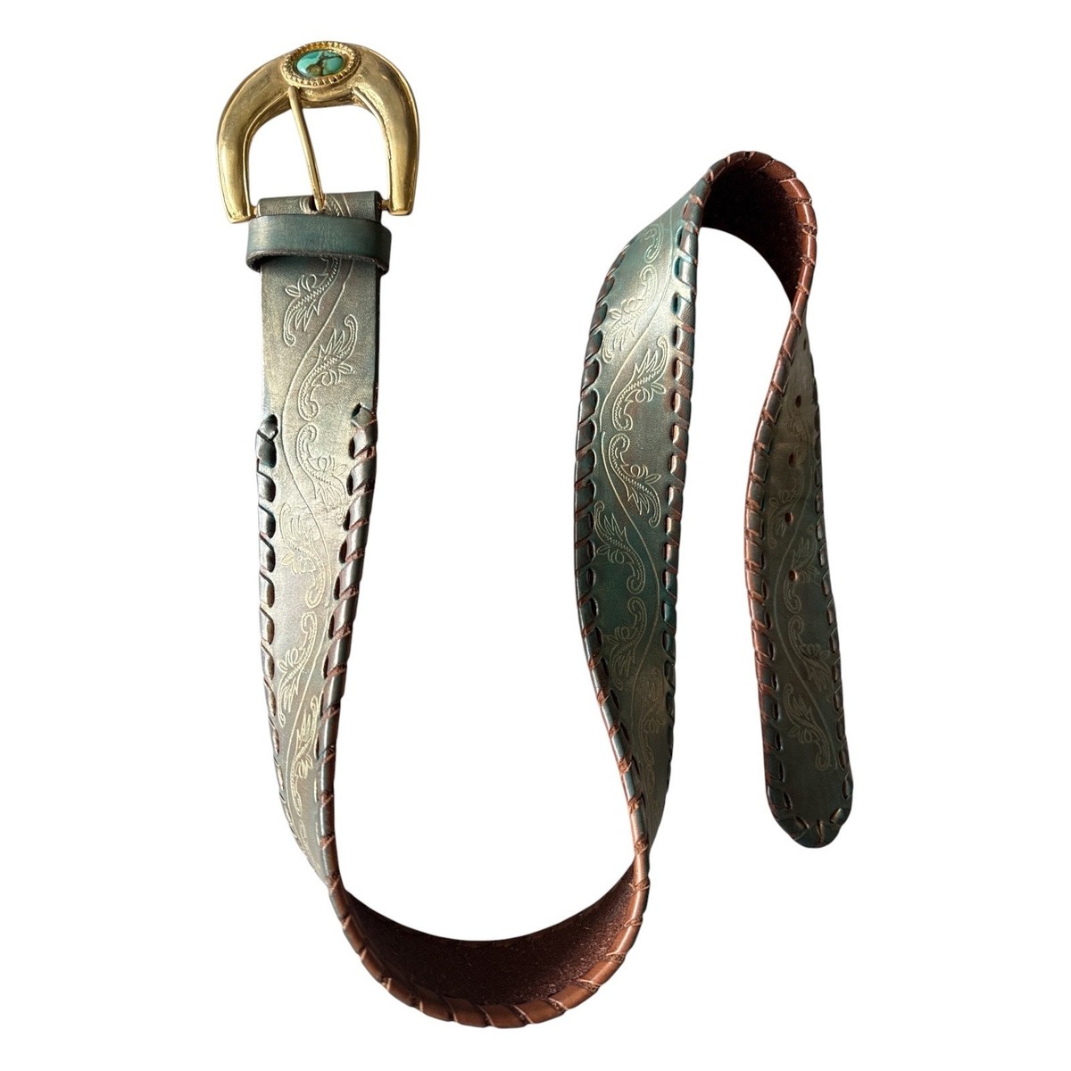 Streets Ahead Leather Belt Turquoise Buckle Western Tooled  display picture 1