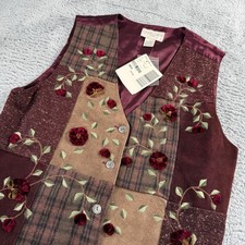 Casual Corner Patchwork Floral Vest Women Med Burgundy Wool Leather Embroidered
