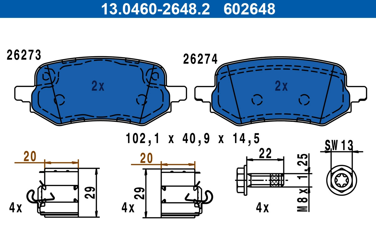 Plaquettes de frein ATE 13.0460-2648.2 de rechange pour frein à disque auto OE 2413374